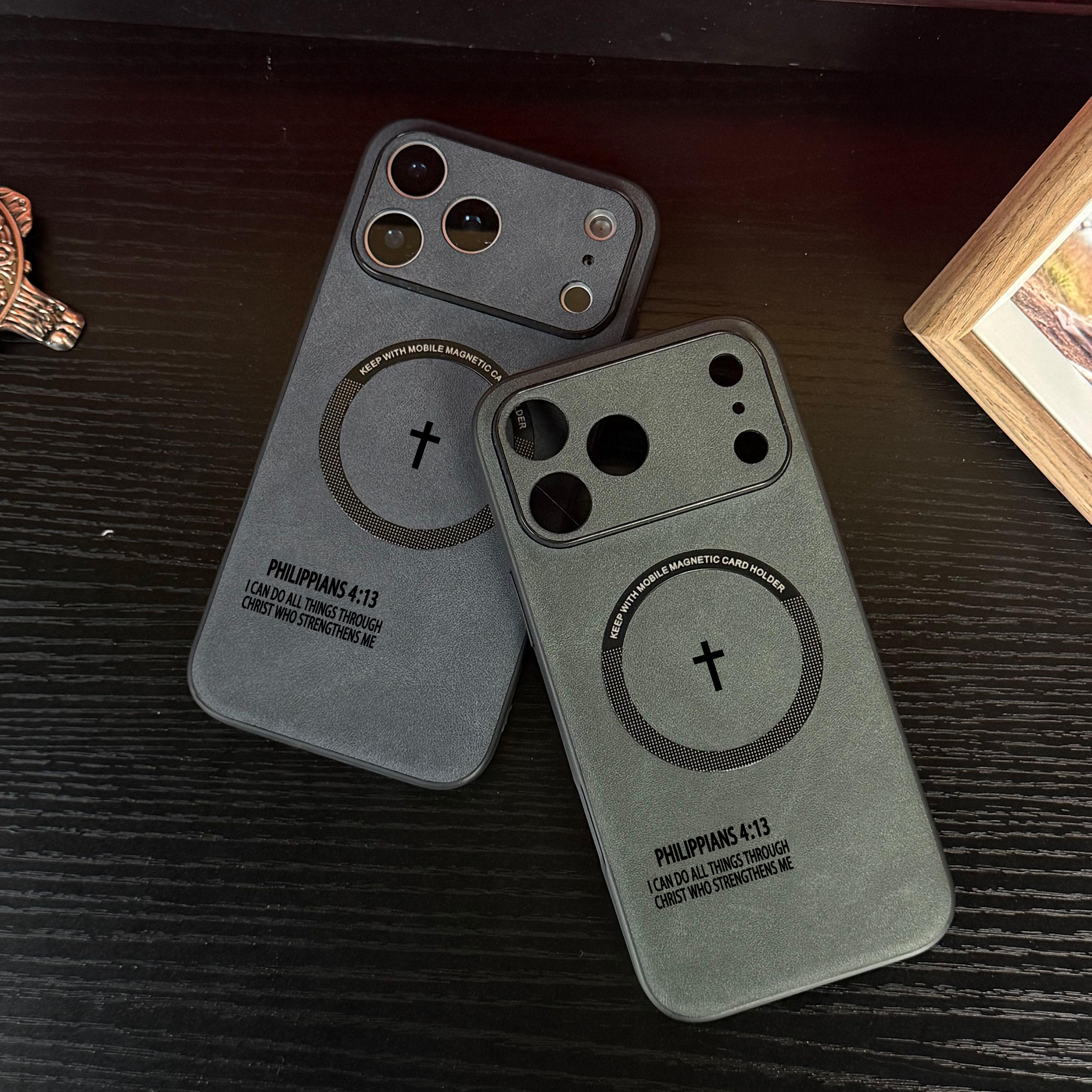 Philippians 4:13 High end leather magnetic phone case suitable for iPhone 17 Air 16 15 14 13 12 Pro Max Plus, supports magsafe charging, feels comfortable to the touch, fully wrapped anti drop and anti slip phone case-ZQ60