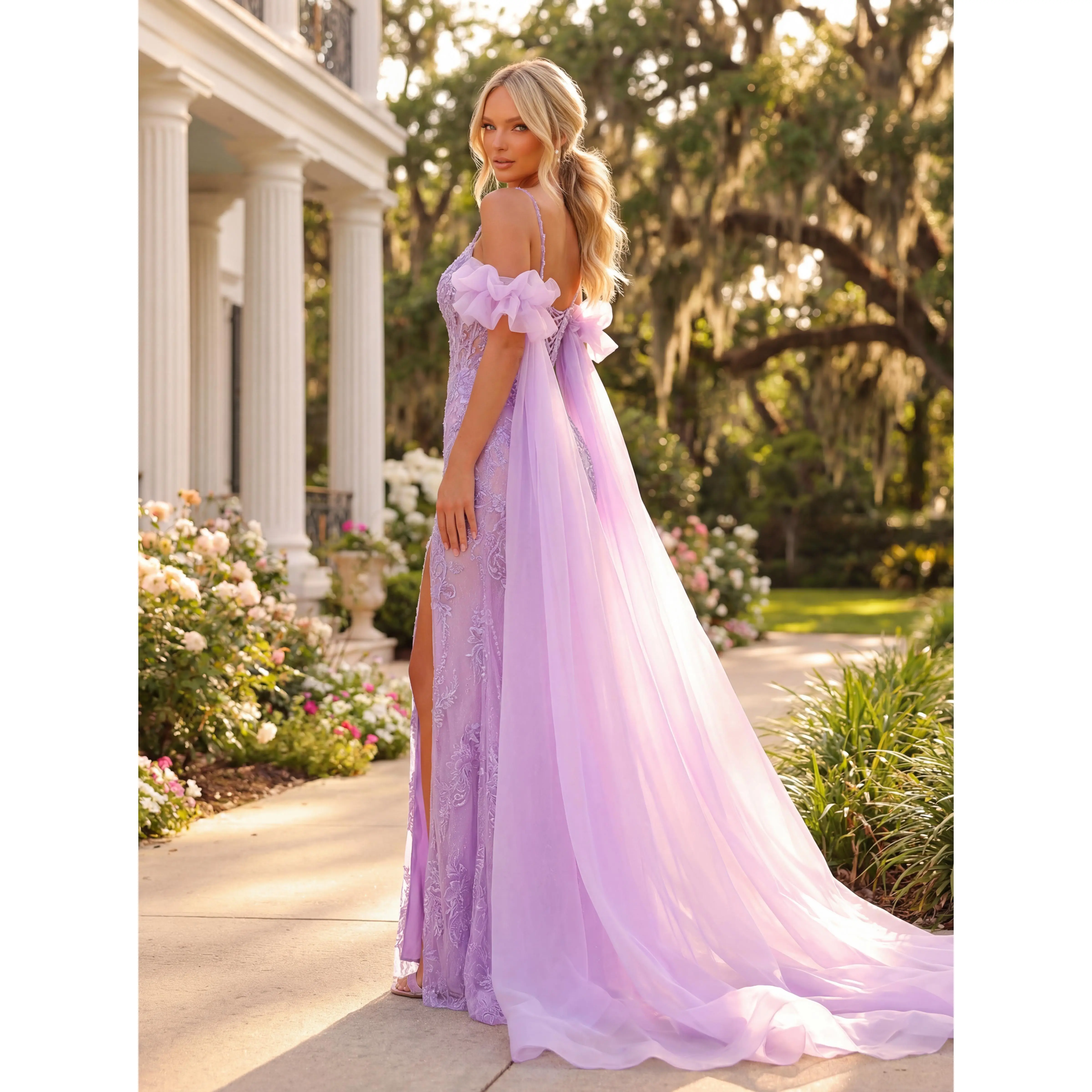 Women's Formal Fairy-Tale Style Gown - Elegant Sleeveless, Off-Shoulder Option, Spaghetti Straps, High Slit, Lace-Up Back, Detachable Cape