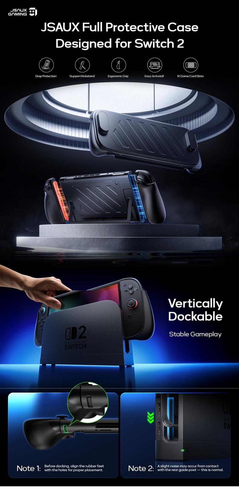 JSAUX Split Protevtive Case for Nintendo Switch 2, TPU Middle Frame & PC Face Cover, Non-Slip Ergonomic Grip, Storage for 10 Game Cards, Supports Stand Use, Shock Absorption & Anti-Scratch-PC0114