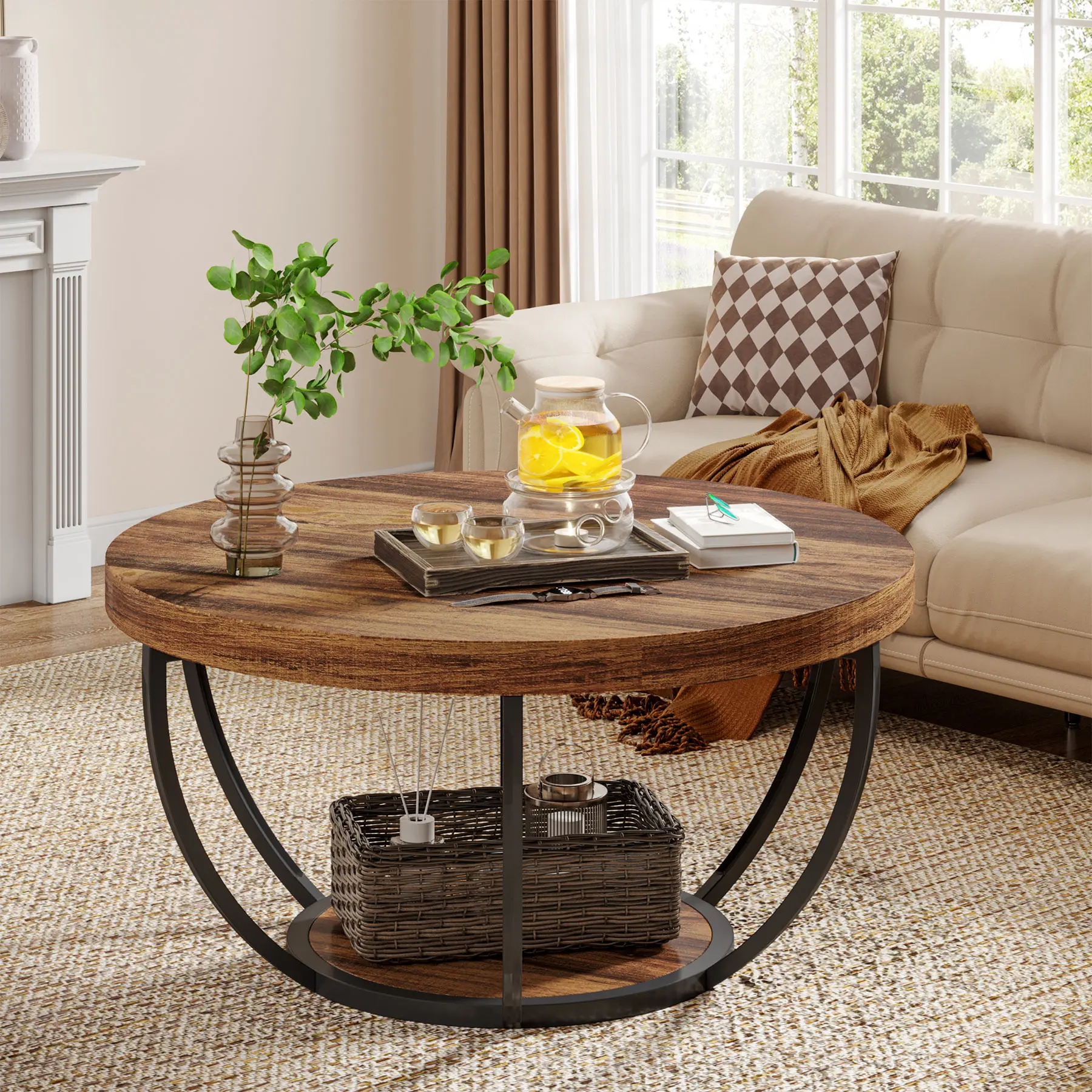 Tribesigns Round Coffee Table, Industrial 2-Tier Circle Coffee Table with Storage Shelves, Modern 31.7" Wooden Accent Center Table for Living Room, Home Office, Rustic Brown