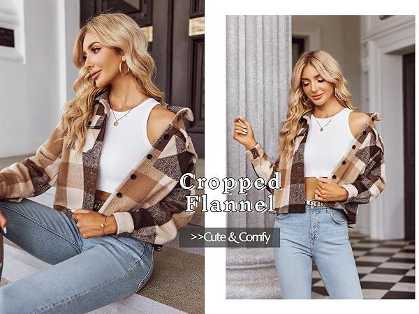 Womens Cropped Flannels Plaid Jacket Fall  Shirt Coat Button Casual collar basic jackets Chrismas