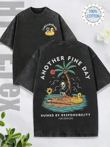 It's Another Sunny Day, Celebrating The CarnivalSummer Is The Classic Retro Fashion Leisure VacationStyle Duck Swimming Circle Skeleton Coconut Tree SunBeach Popular Letter Pattern Printed 230q WashedCotton T-S
