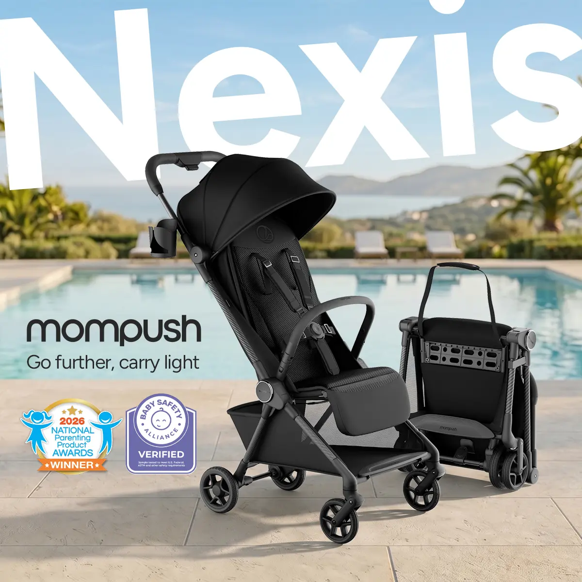 Mompush Nexis Carbon Travel Stroller, Ultra-Lightweight 11.5 lbs, Compact & Airplane Carry-On Approved, One-Second Auto-Fold, One-Hand Full Recline, from Birth to 50 lbs, JPMA Certified, Forest