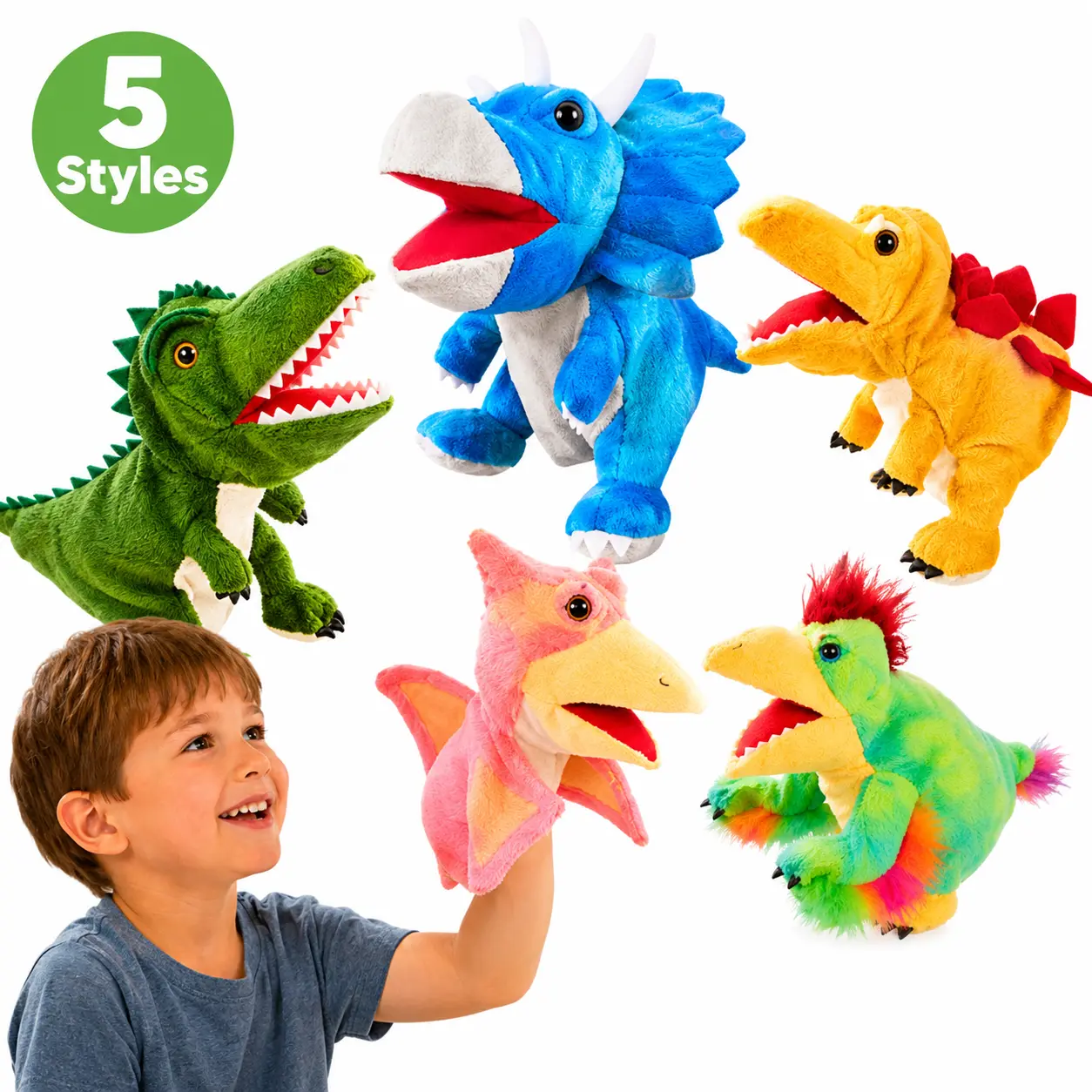 Soft Plush Interactive Dinosaur Hand Puppet Set - 5 Fun Styles with Triceratops, Stegosaurus for Storytime, Role Play, Pretend Play, Kids Gifts (Toys & Hobbies Puppets), Bedtime Stories