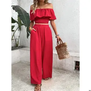 Clothes New Leg Top Trim Ruffle Holidaya tiktok Off Shoulder Wide Pants For Year Casual Gamis