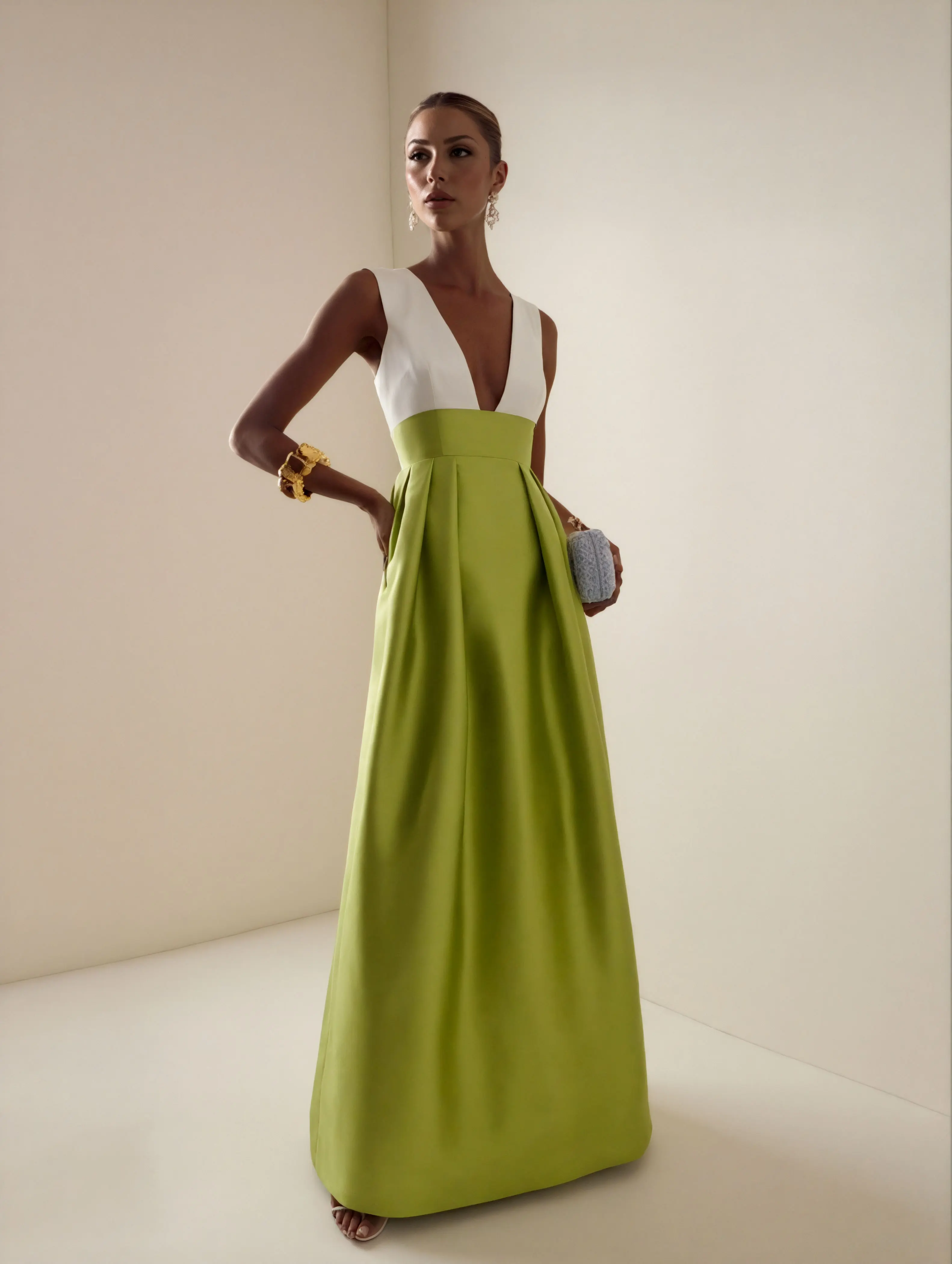 LikeMyChoice 2026 Elegant Deep V-Neck Two-Tone Maxi Dress Old Money Aesthetic Satin A-Line Party Gown Sleeveless High Waist Evening Dress for Gala Wedding Guest Womenswear Casual Basic Minimalist