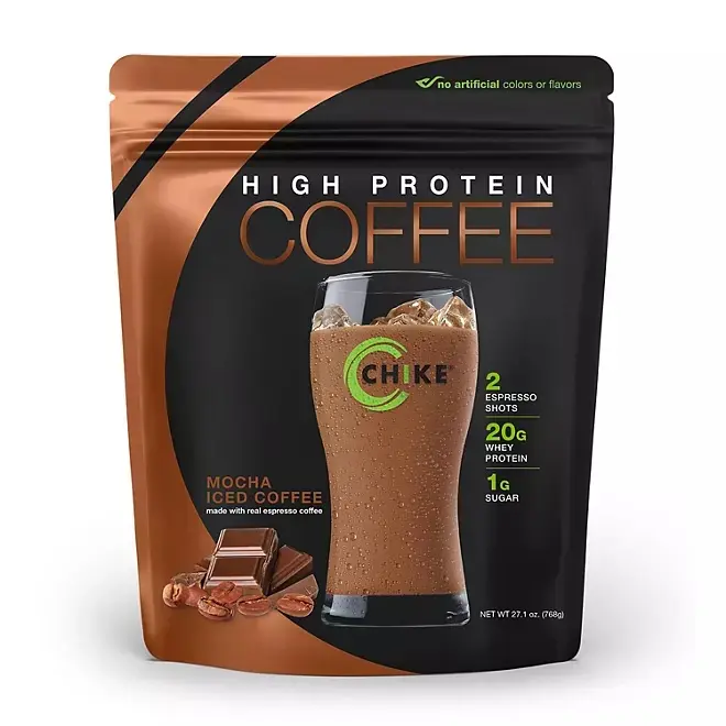 CHIKE Caffeinated High Protein Mocha Instant Coffee Beverage - 27.1 fl. oz. Ambient, 20g Whey Blend Protein Powder, Real Espresso, 1g Low Sugar, 120 Calories, Gluten Free, Vegetarian, 12-Month Shelf Life, Cupboard/Bag Storable, Ideal for Adults