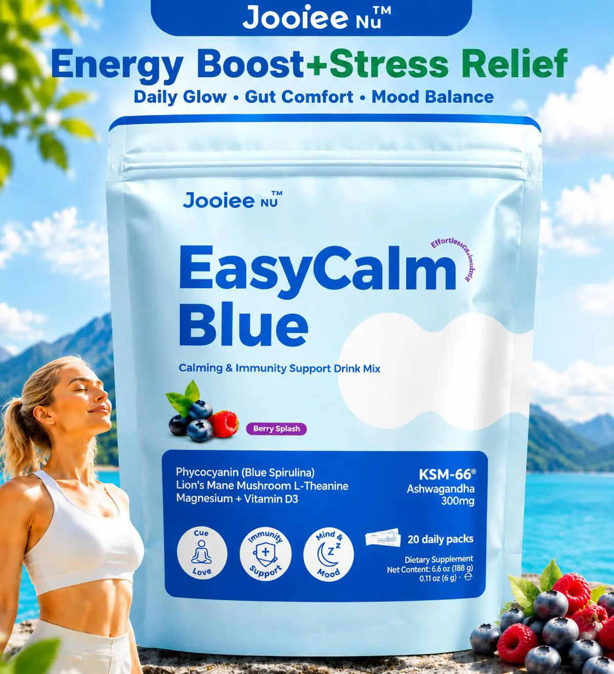 Jooiee Nu EasyCalm blue-Detox, Gut balance, Reduce bloat| Key Ingredients:Blue spirulina,KSM66 awagandha, Magenesium| 20 Servers | Supports Immune System & Metabolism Adaptogenic Healthcare,travel essentials