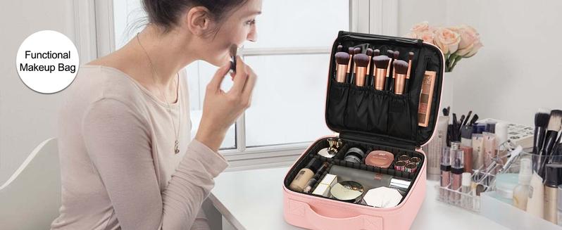 DameDiva Travel Makeup Bag - Premium Oxford Fabric Cosmetic Organizer with Dual Gold Zippers, Adjustable EVA Dividers, Black & Pink, Waterproof & Lightweight