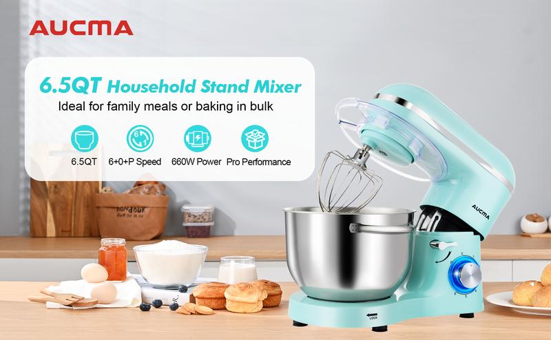 Aucma 6.5QT/8.5QT Stand Mixer with Upgraded Motor | 6-Speed Tilt-Head Electric Food Mixer with Stainless Steel Bowl Dough Hook Whisk & Beater for Baking & Mixing Kitchen Appliances
