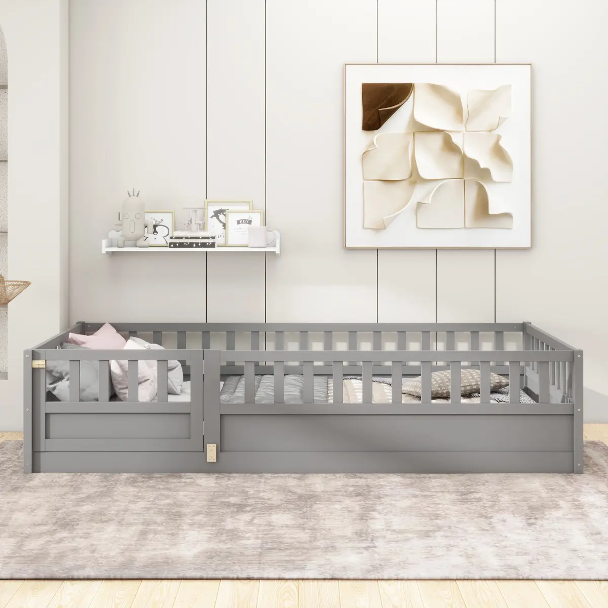 Aobtkel Twin / Full Size Montessori Floor Bed for Kids with 21.45" High Safety Guardrails, Door and Support Slats, Solid Pine Wood Low Profile Bed Frame, No Box Spring Needed, Floor Bed for Boys Girls Bedroom, Gray