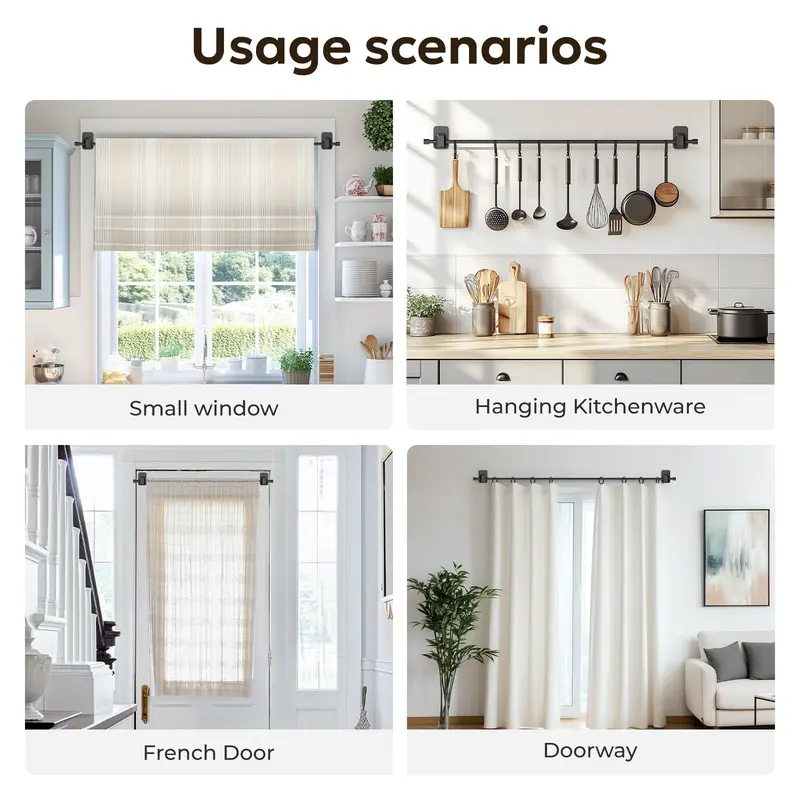 Inovaday | No-Drill Curtain Rods For Windows-Adjustable 5/8" Tension Rods, Adhesive Brackets, Easy Install Black Drapery Pole,Back To School,Renter-Friendly/Dorm Essentials,Home Decor,Home Essentials