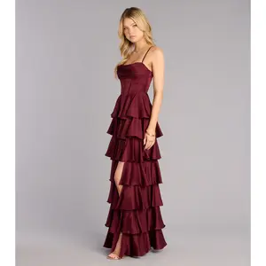 Rose Satin Ruffle A-Line Formal Dress