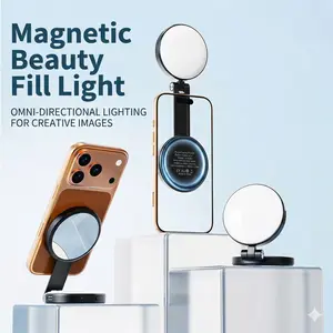 New Store  | 3-in-1 Magnetic Selfie Light with Mirror - 360° LED Ring Light, MagSafe Compatible, Phone Stand, Portable Rechargeable Fill Light, 3 Color Modes, for Makeup, Live Streaming, Video Call, Ideal Gift, Compatible with iPhone 17