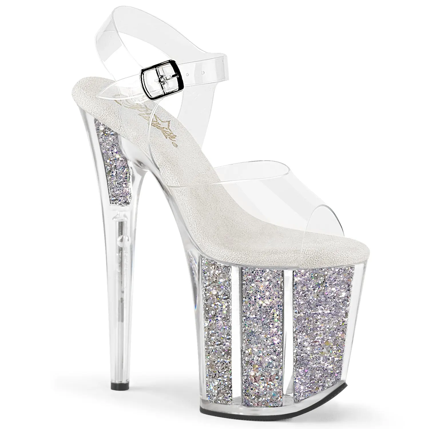 Pleaser Women's Flamingo-808G Elegant 8" High Heel Sandals with Transparent Ankle Strap and 4" Glitter-Filled Platform for Parties, Platform Shoes, Elegant Party Shoes