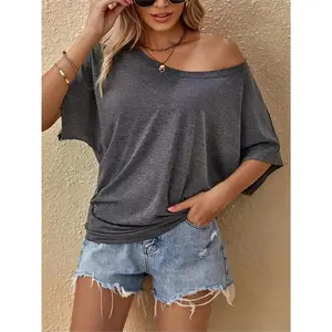 Women'S Casual Scoop Neck T-Shirt, Solid Color Polyester Knit Fabric, Summer Short Sleeve Top with 5% Elastane, Regular Length - 170g/m² Womenswear Tshirt Streetwear Batwing Grey Basic Minimalist