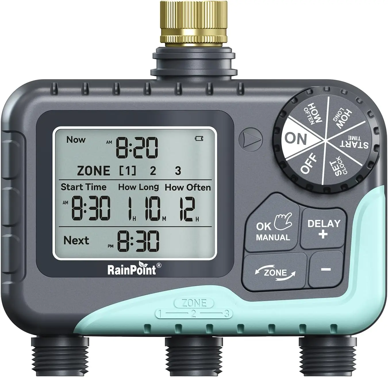 RAINPOINT Garden Hose Watering Timer - 3-Zone Sprinkler Timer, Brass Water Inlet, Programmable Watering Smart Irrigation Timer, Rain Delay Mode (Manual), 18OPSI High Pressure Leakproof, Freeze-Proof, Explosion-Proof Outdoor Waterproof