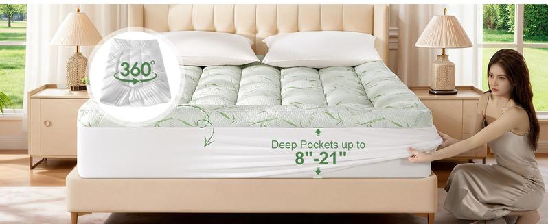 Shilucheng Bamboo 3inch Mattress Topper 8-21 Inch Fit Back Pain Relief Breathable Ultra Soft Quilted Top with Deep Pocket Machine Washable