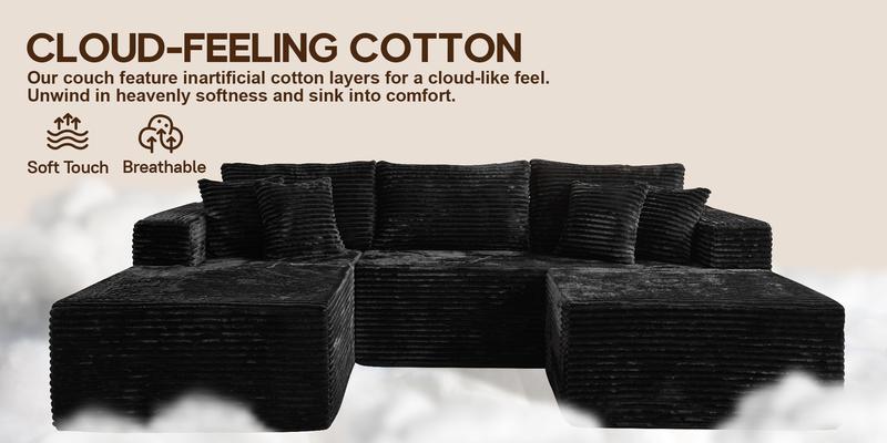 Modern 108" Boneless Couch Cloud Modular Sectional Sofa With Removable Ottomans & Chaise - Plush Corduroy , Deep Seat, Upholstered Couches, No Assembly Required for Living Room