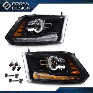 CROSSDESIGN Black LED DRL Headlight w/ Bulb Harness Fit For 09-12 Dodge Ram Projector