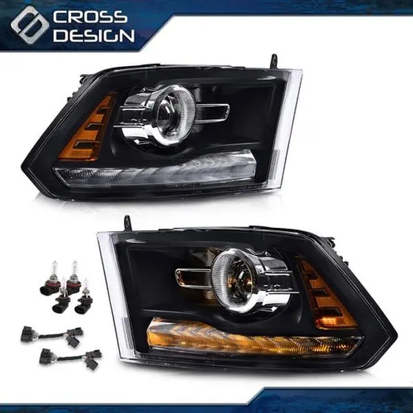 CROSSDESIGN 1 Pair Black Polycarbonate (PP) Projector Headlight Assemblies - Daytime Running Lights, High Beam LED Headlight Bulbs, Bulb Harness, LED Car Lighting Components for 09-12 Dodge Ram