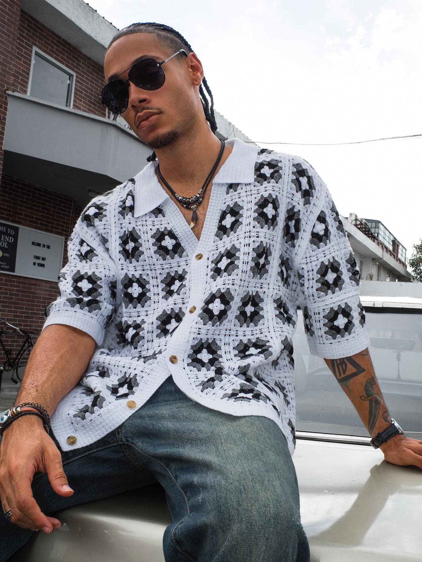 Men's Summer Cool Knitted Short-Sleeve Spring Shirt, Off-White Bohemian Style Vacation Casual Loose Lapel Button-Down Open Placket Print