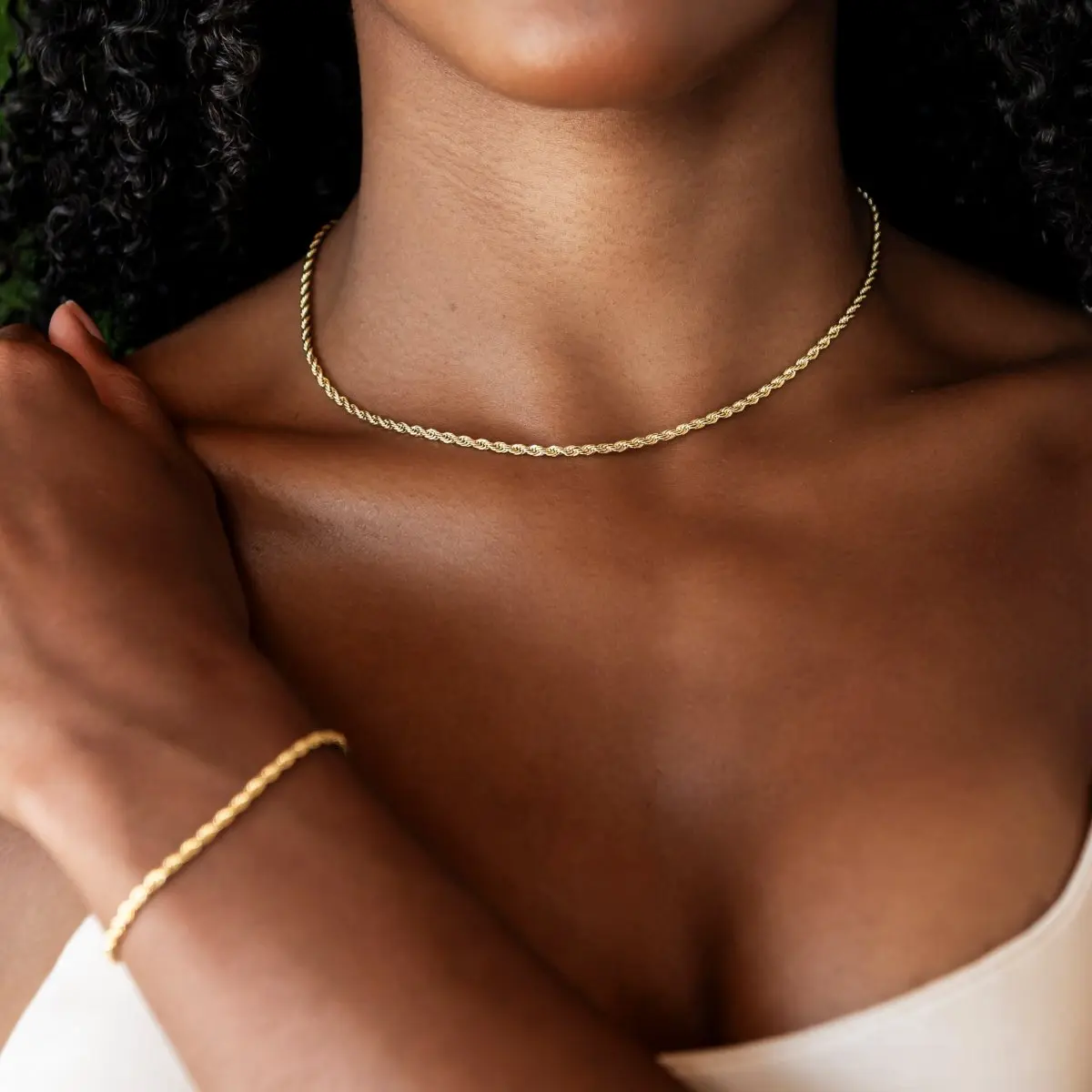 GLD Rope Chain Necklace + Bracelet Bundle in White or Yellow Gold - 2mm - Perfect Gift