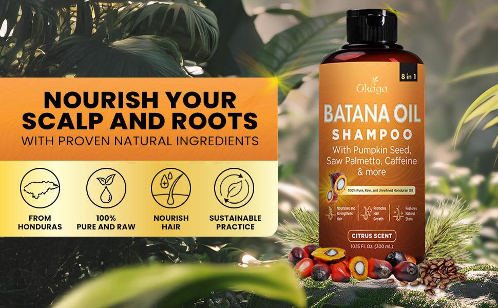 Okaga Batana Oil Shampoo - Support Hair Growth, Strengthening, & Cleansing - 8 in 1 Formula of Natural & Organic Ingredients for Healthy Hair - (300 mL)