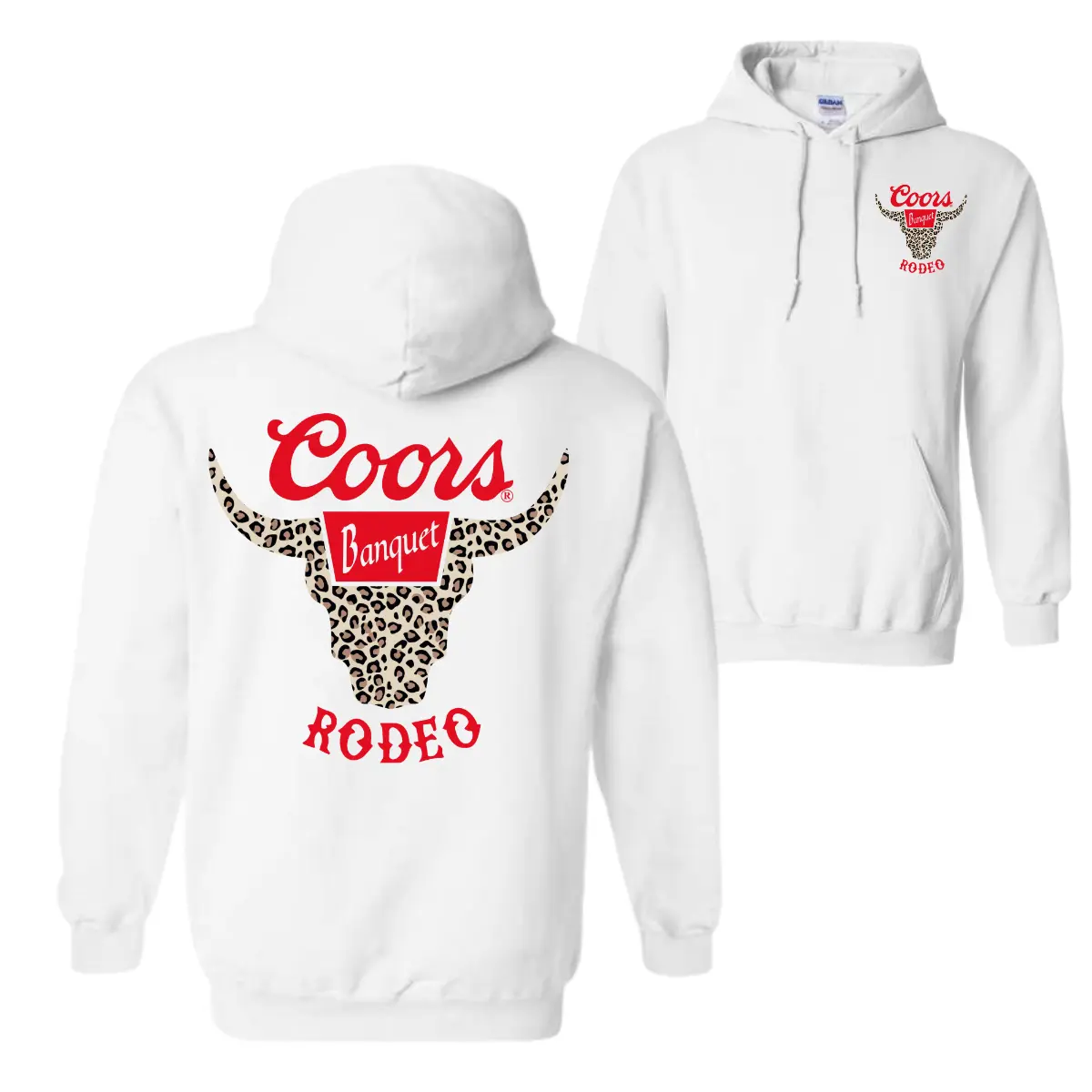 Coors Rodeo Hoodie, Red Bold Leopard Print Bull Design, Soft Cotton Pullover, Perfect for Rodeo Fans & Western Style Enthusiasts Stylish Graphic Tops
