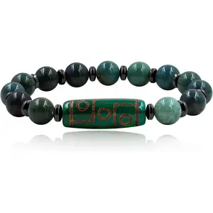 Unique Tibetan 9 Eye Dzi Bead Stretch Bracelet for Men Natural Agate and Green Jade Stone Prayer Bracelet Classic Meditation Spiritual Jewelry Meaningful Gift for Religious Beliefs