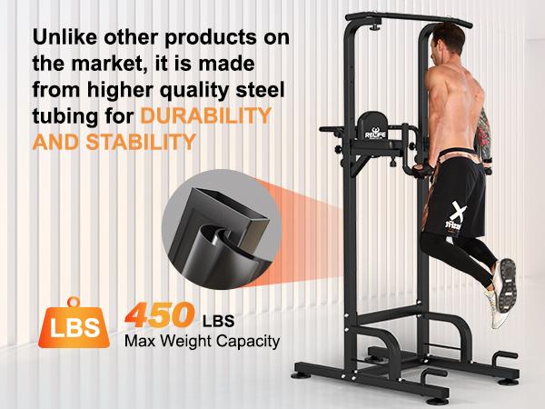 Relife Sports Power Tower Dip Station for Home Fitness Adjustable Height, Easy Install, Non-Slip Suction Cups, Full-Body pullup Exercise Equipment Up to 450lbs H-Shaped for Strength Training