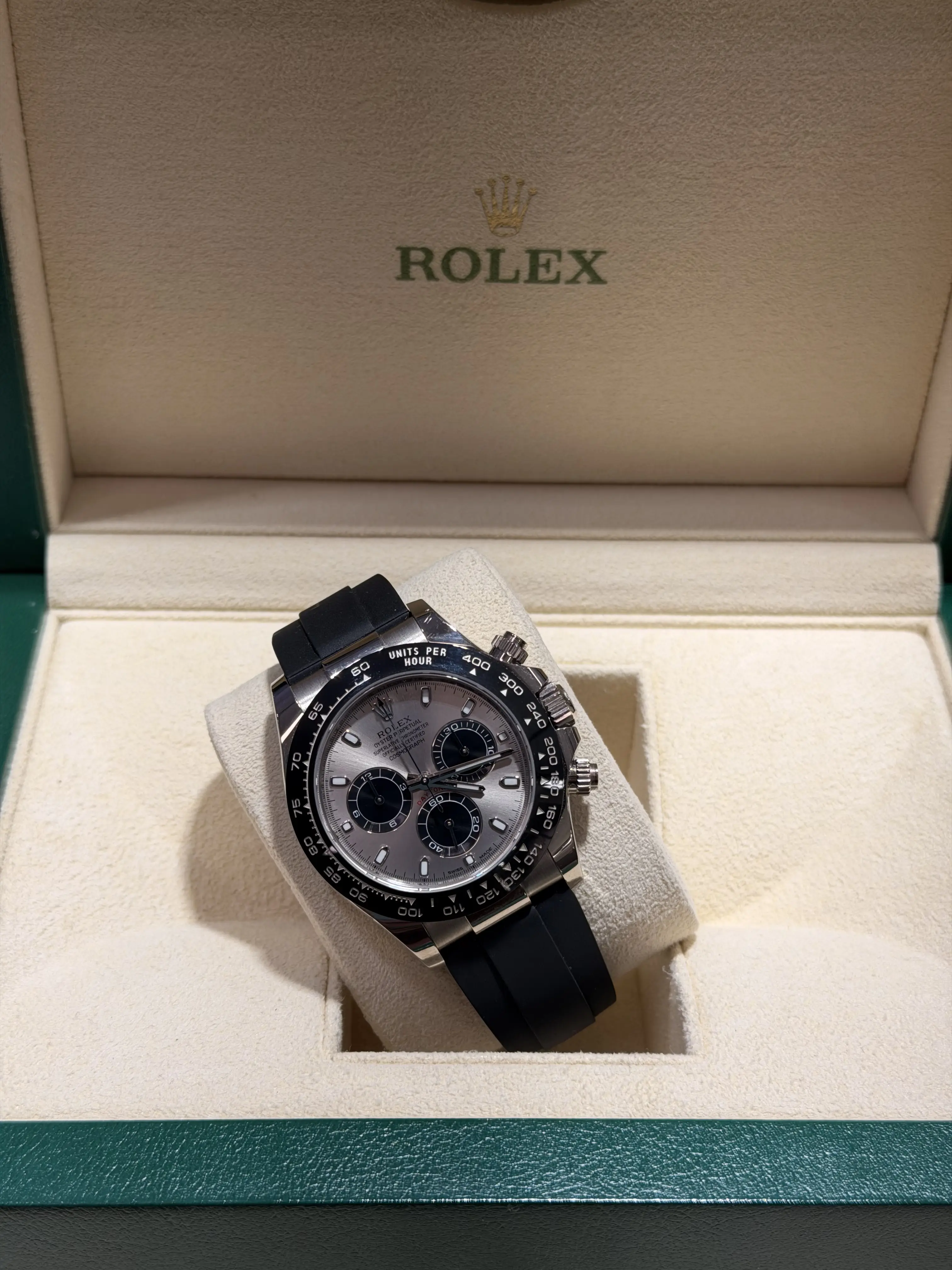 Rolex Daytona Ghost Dial Ceramic Bezel 18K White Gold Watch Oyster Flex Bracelet