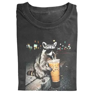 Funny Raccoon Graphic T-Shirt, Coffee Lover Animal Tee, Night Aesthetic Raccoon Shirt, Retro Unisex TShirt, Caffeine Addict Gift
