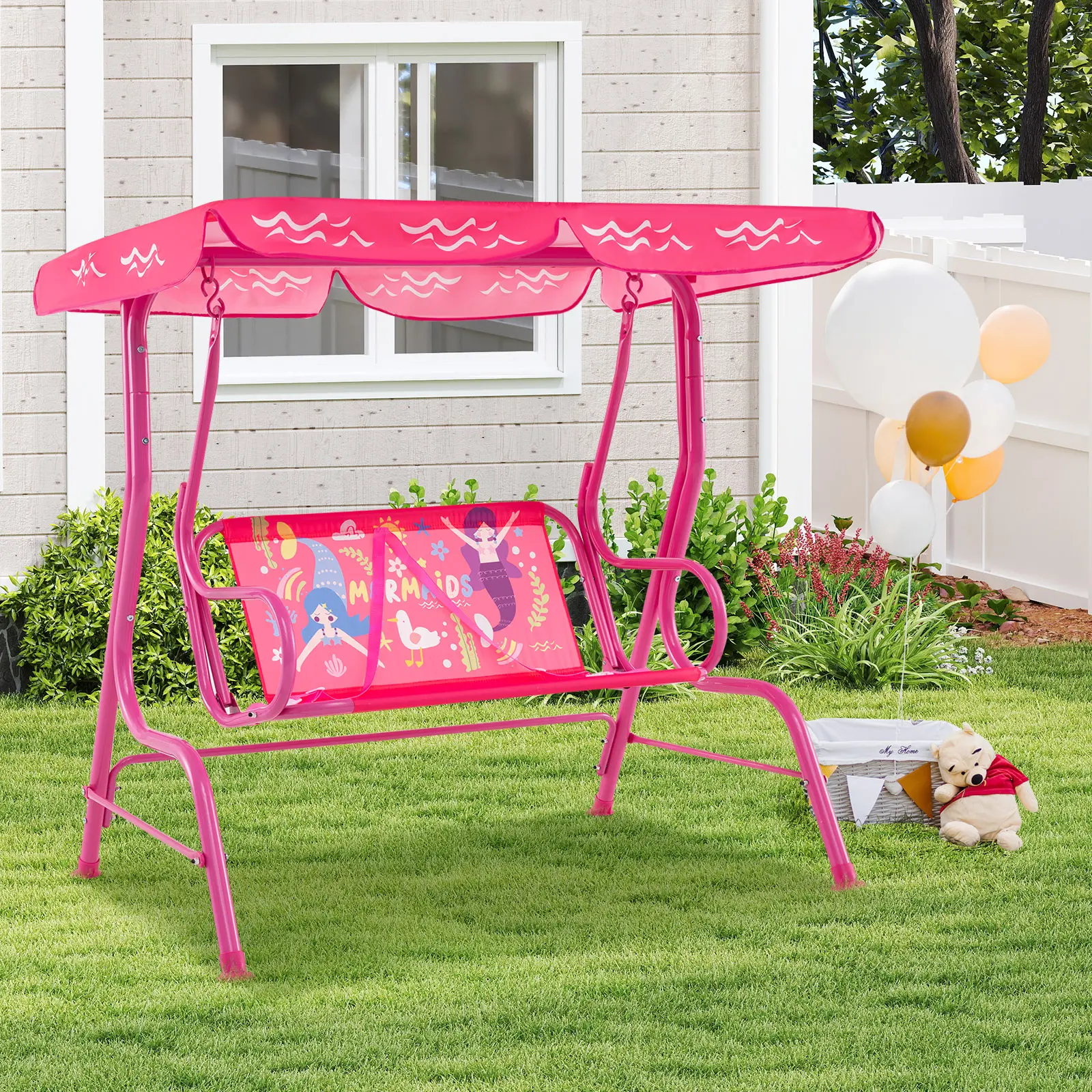 Costzon All-Weather kids Patio Swing,  2-Seater Porch Swing Lounge Chair Hammock w/Removable Canopy, Outdoor Swing Bench  4th of july decor, dad gift