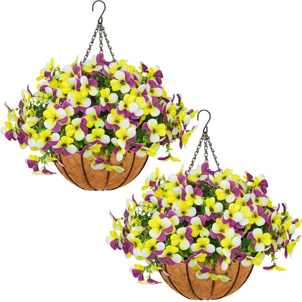 2 Pcs Artificial pansy hanging plant basket, perfect for summer outdoor decoration, made of realistic silk material, UV-resistant, featuring vibrant daisies and eucalyptus leaves, suitable for porches, homes, patios, balconies, and gardens. tiktokshopspri