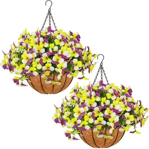 2 Pcs Artificial pansy hanging plant basket, perfect for summer outdoor decoration, made of realistic silk material, UV-resistant, featuring vibrant daisies and eucalyptus leaves, suitable for porches, homes, patios, balconies, and gardens.