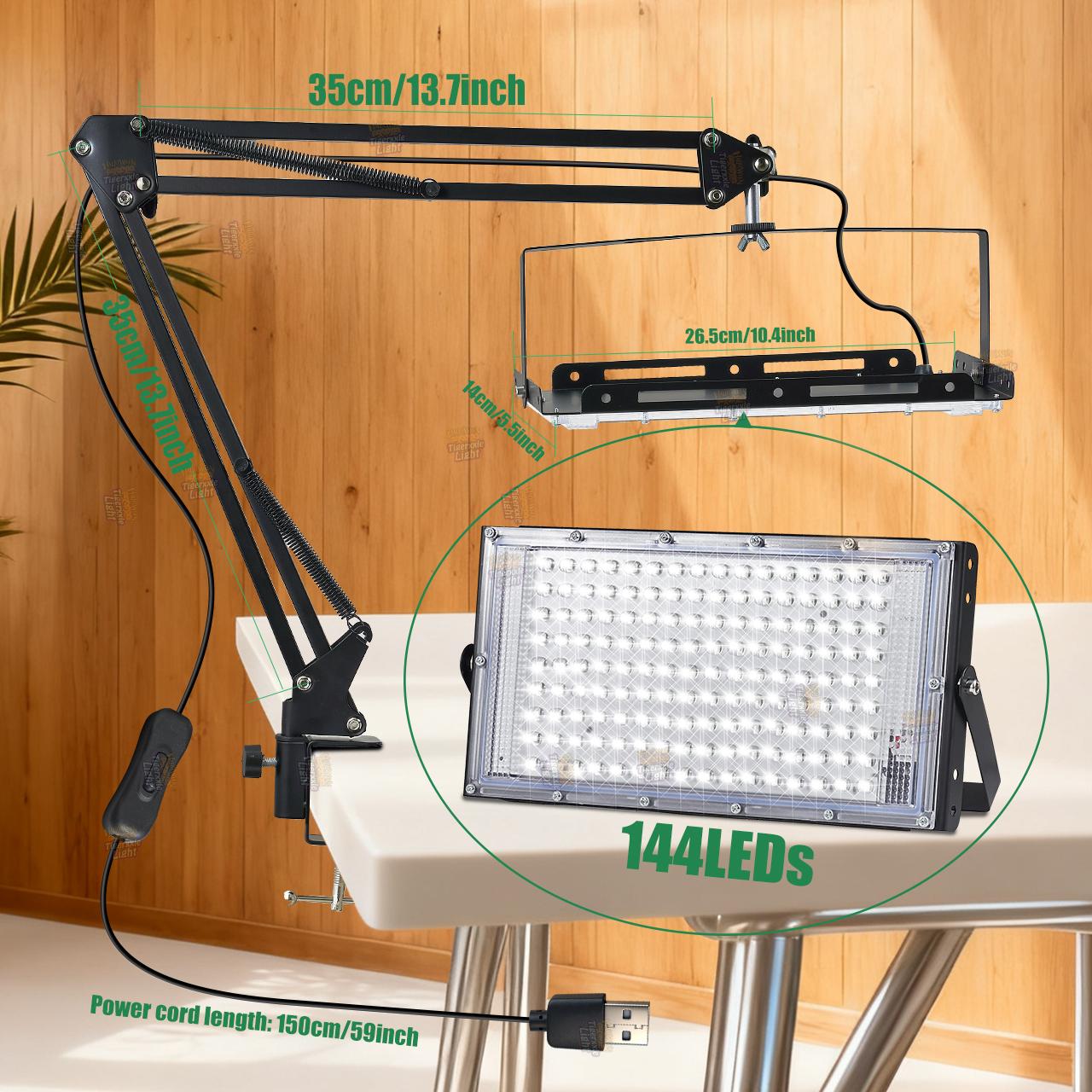 LED work light 6000K with desktop stand, adjustable height/angle, with 96/144 high-bright white light beads and USB plug and switch and 150cm power cord, suitable for workshop, warehouse, office desk lighting.