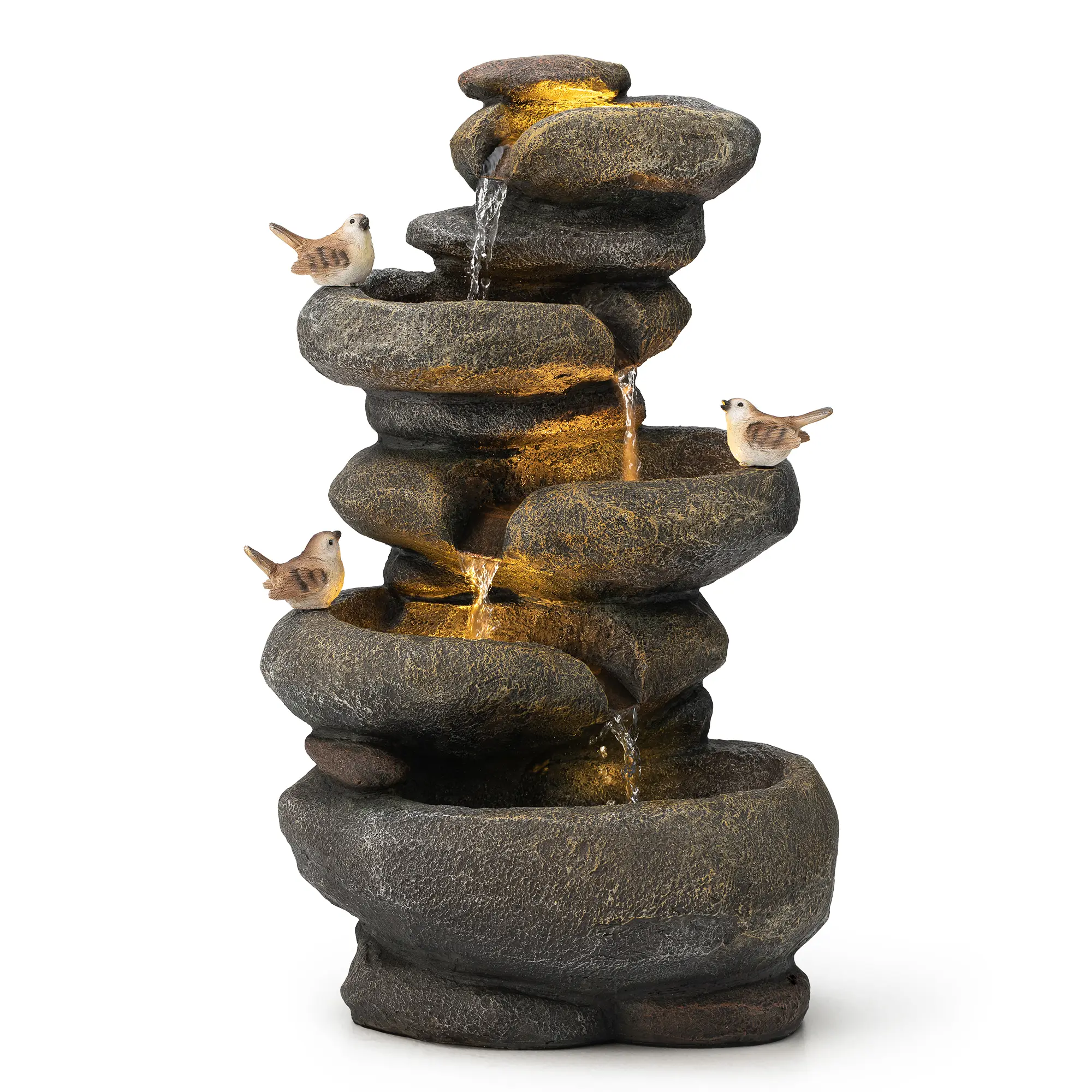 Glitzhome 23"H Natural 5-Tiered Stacked Stone Polyresin Outdoor Fountain with Birds, Pump and LED Light (KD)