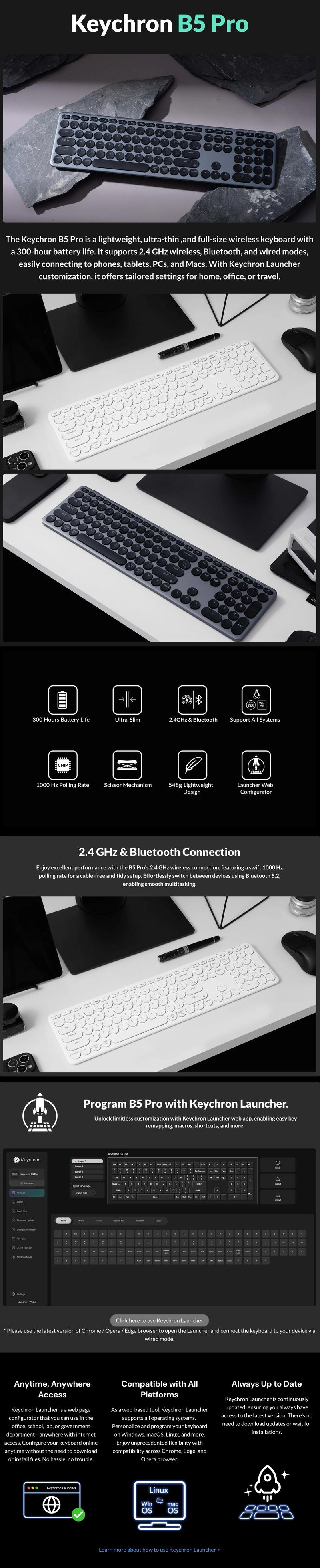 Keychron B5 Pro Ultra-Slim 2.4 GHz Bluetooth Keyboard Wireless 100% Full-Size 548g Lightweight Launcher Support with 300 Hours Battery Life Compatible for Mac Windows Linux