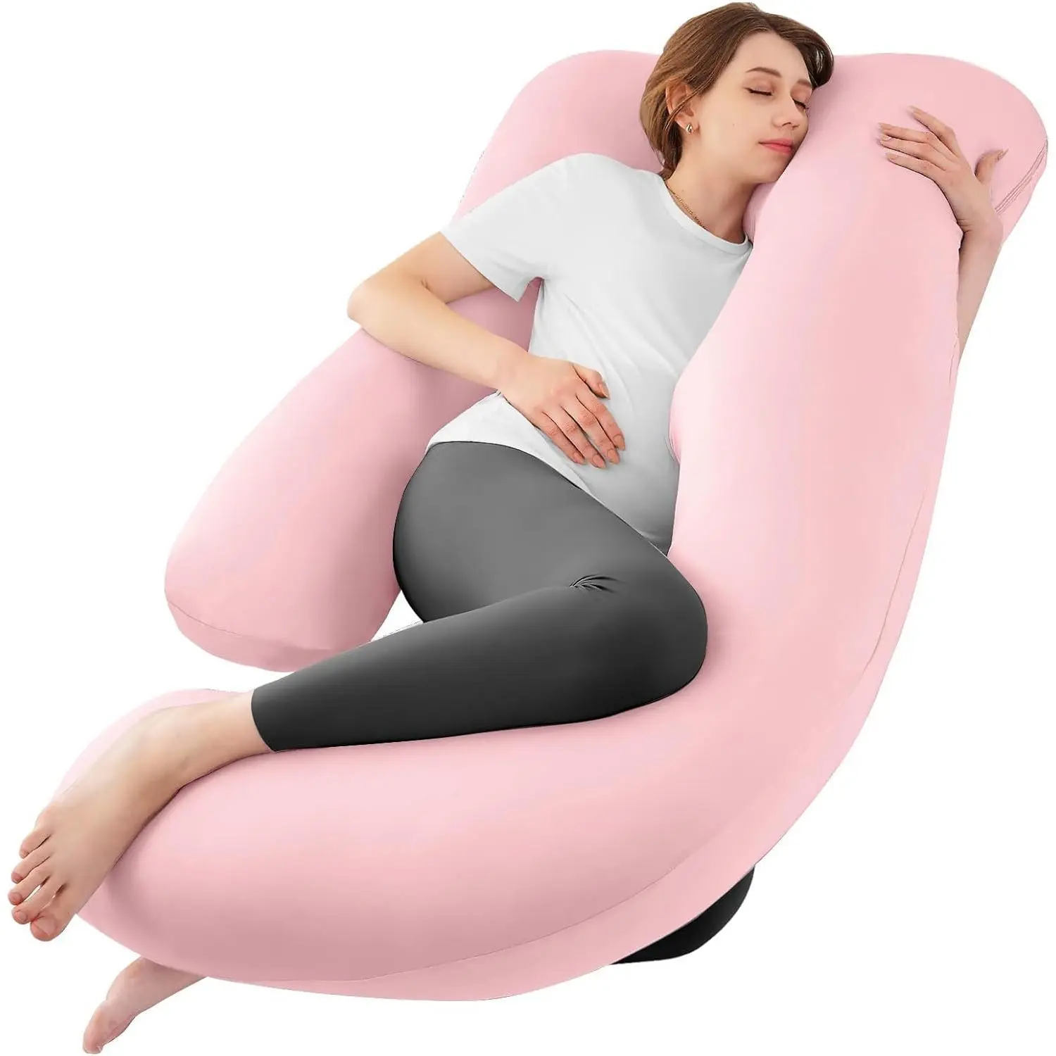 U-Shaped Pregnancy Pillow with Cooling Fabric, Ergonomic Full Body Support for Side Sleeping Moms, Supportive Maternity Sleep Aid for Baby Bump with Adjustable Removable Cover, Solid Light Pink, Mom, Reading, Nursing
