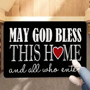 1pc Inspirational Welcome Doormat, "May God Bless This Home" Printed, Durable Anti-Slip Floor Mat, Rug for Living Room, Bedroom, Bathroom, Kitchen, Home Decor