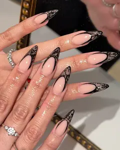 Luxury Black Lace French Press on Nails, Pretty Girl with Black Lace Nail Art