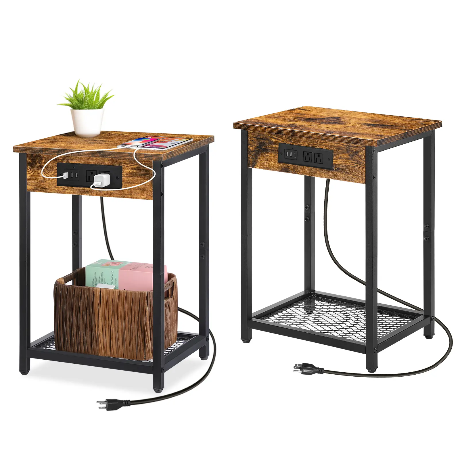 1-2 Pcs Industrial Nightstands (Farmhouse Look), Outlet Power Ready End Side Tables with USB Charging Station, Bedroom Bedside Table Set Home Organizer Storage Holder & Rack (Home Supplies)