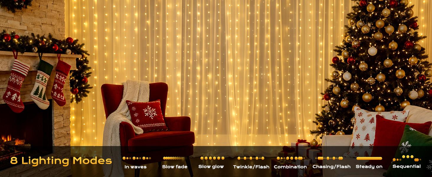 Brightown 300 LED Curtain Lights, 9.8 FT Plug in Fairy Lights for Bedroom, 8 Lighting Modes, Christmas Hanging Lights for Window Backdrop Wall Wedding Party Birthday Christmas Decoration, Warm White