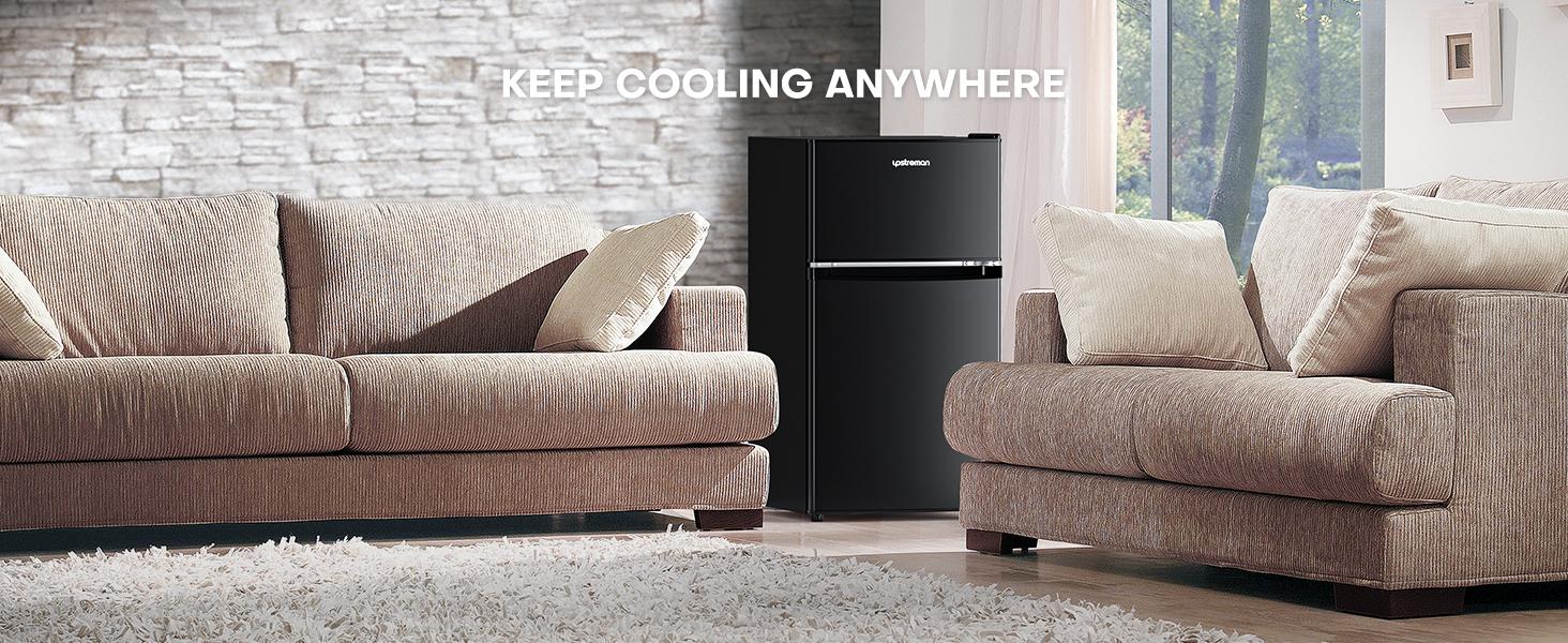 Upstreman mini fridges 3.2 Cu.Ft with Freezer Double Door Adjustable Thermostat Stainless-SD321/BD321 Quiet Efficient LED Light Removable Shelves Crisper Drawer for Dorm Office Bedroom