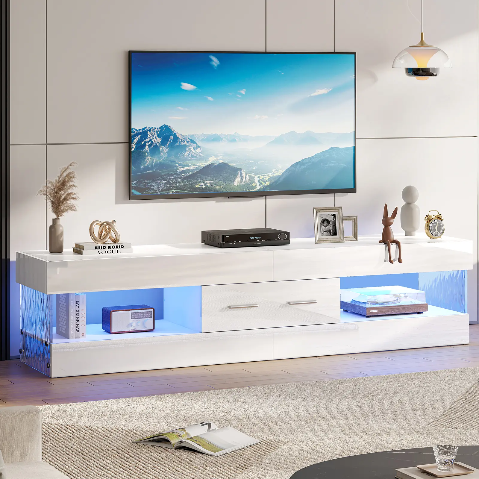 Bestier High Gloss LED TV Stand (67/70in) - Furniture with Storage Drawer, Modern RGB Media Console, Water Ripple Acrylic Side Panels, Remote Color-Changing Lights, Fits Up to 75in TV for Living Room, Apartment & Gaming Room Supplies, Room Decor, House Fu