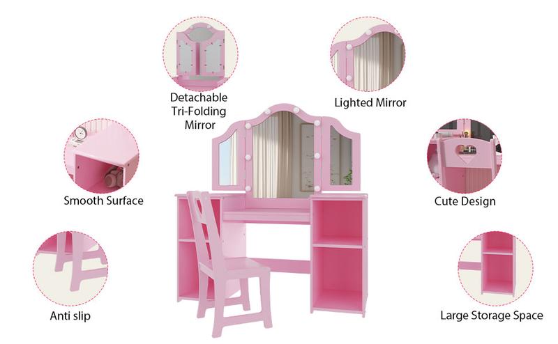 【GARVEE】Princess Vanity Table & Chair Set with 2-in-1 Design, Touch Light, Detachable Tri-Folding Mirror, Open Storage Shelves, Wood Makeup Playset, Easy Assembly, Pink