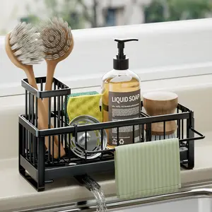 Sponge Holder for Kitchen Sink - Self-draining Sink Caddy With Brush and Dishcloth Holders, Stainless Steel Kitchen Organizer for Countertop - Black