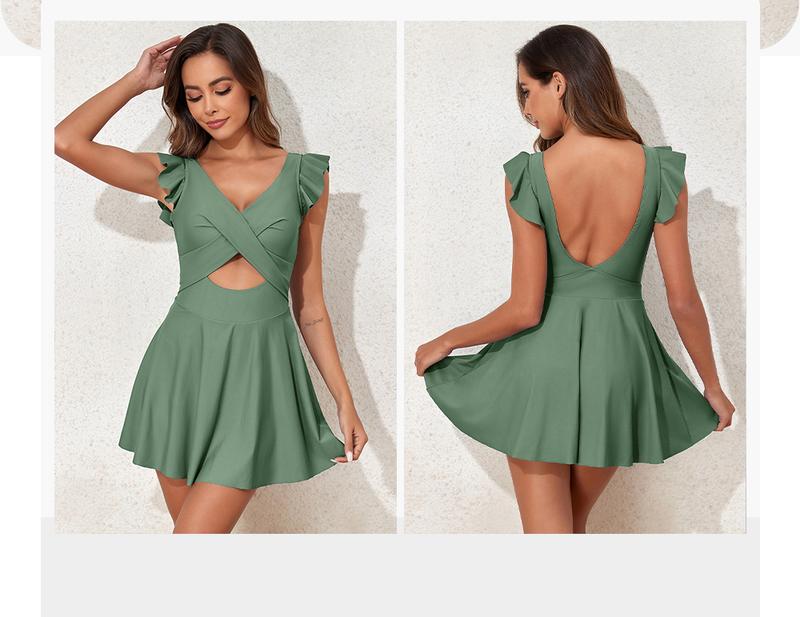 Aleumdr Women's One Piece Swimsuit Ruffle Cutout Swimdress Tummy Control V Neck Wrap Swimwear Swimming Sport Clothing Beach