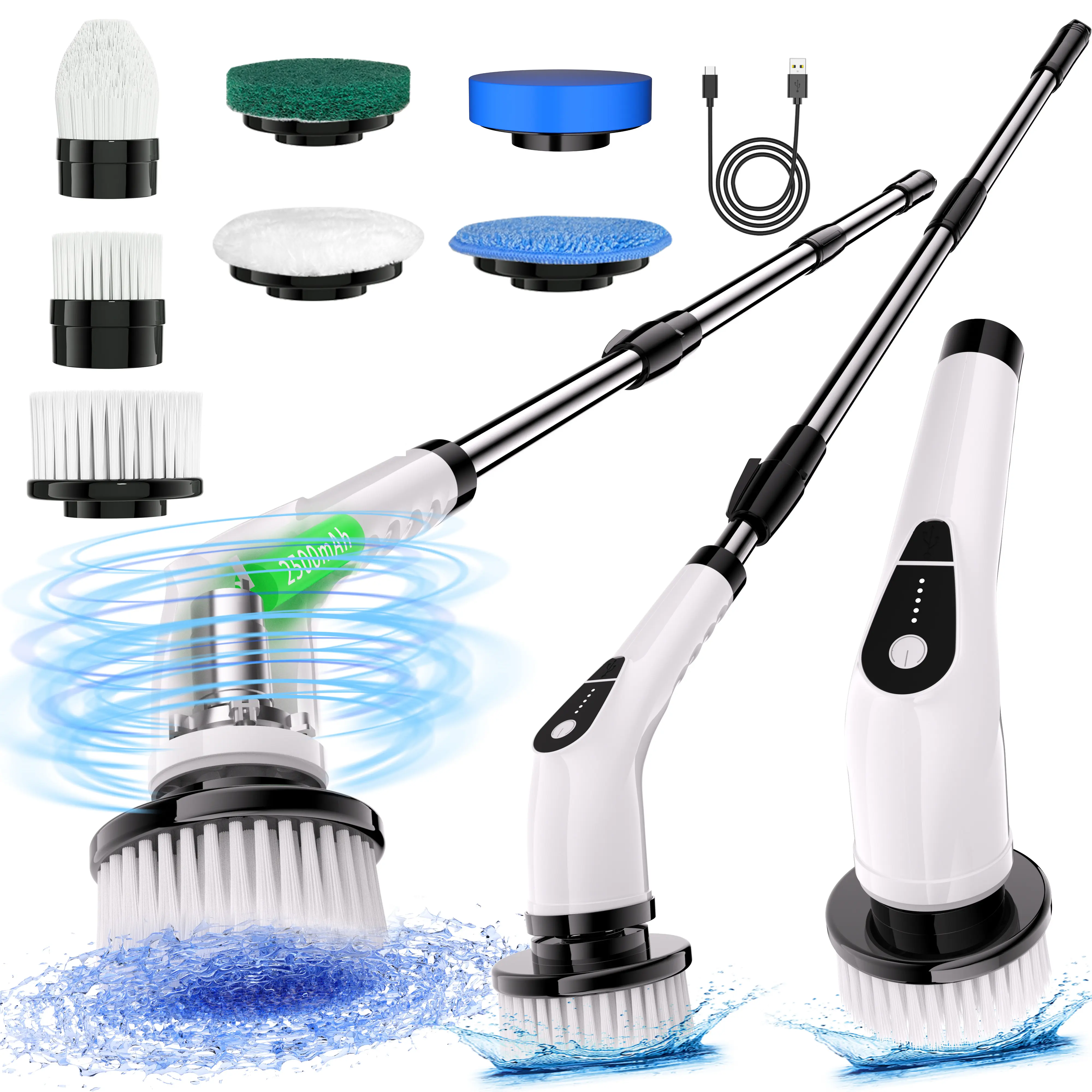 Electric rotating cleaning brush, 5-section LED power display panel, 2-speed adjustable wireless cleaning brush, equipped with 7 replaceable brush heads, detachable and adjustable-length electric brush, suitable for household tiles, bathtubs, and glass.